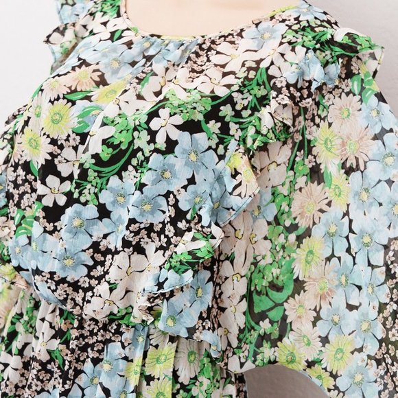 H&M Spring Summer Floral Flowy Chiffon Ruffle Trim Dolman Sleeves Dress M Green - Picture 7 of 14